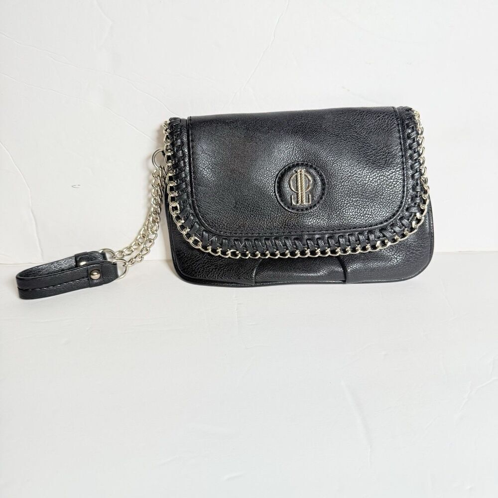 JLO JenniferβLopez Black Wristlet Clutch Gold Chain Trim Flap Purse